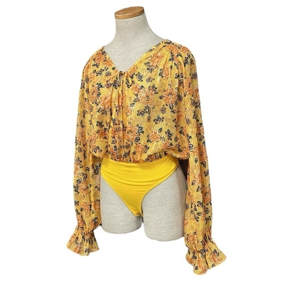 Tularosa Bodysuit Women's X Small XS Yellow Floral Long Sleeve Metallic - Picture 3 of 15